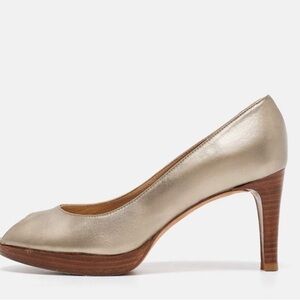 STUART WEITZMAN Metallic Peep Toe Pumps Wooden Heel